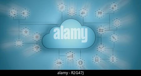 Cloud Computing und mobile Apps. Blaue Wolken am blauen Wand mit App Icons. 3D-Darstellung Stockfoto