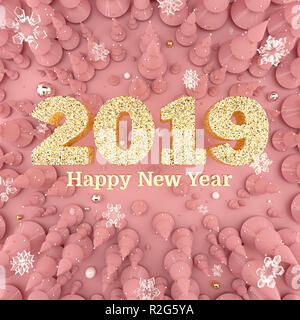 Rose Gold Frohes Neues Jahr 2019 Top View 3D-Abbildung. Stockfoto