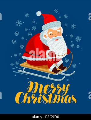 Frohe Weihnachten Grußkarte. Santa Claus reitet ein Schlitten. Cartoon Vector Illustration Stock Vektor