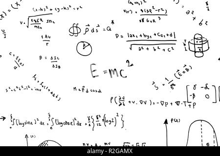 Mathematische Gleichungen Hand schreiben wissenschaftliche Formeln und Berechnungen in Physik und Mathematik auf weißem Papier auf weißem Hintergrund Stockfoto