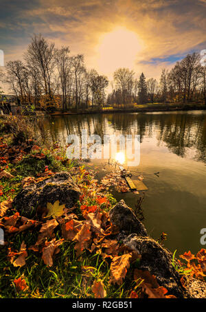 Herbst Sonnenuntergang an einem See mit Blättern. Schöne Szene von Bäumen in der Nähe der türkisfarbenen Wasser in Österreich Stockfoto