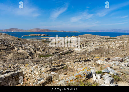 Die antiken Monumente und Ruinen auf der heiligen Insel Delos, Griechenland. Der Geburtsort des Gottes Apollo. Stockfoto