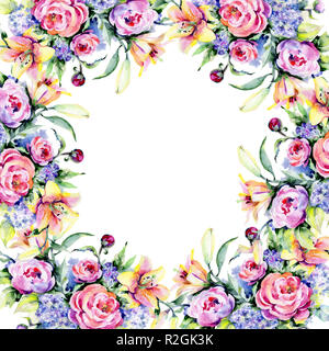 Pfingstrosen und Lily Bouquet. Florale botanischen Blume. Aquarell Hintergrund Abbildung. Rahmenlinie ornament Wreath. Stockfoto