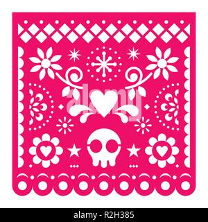 Mexikanische Papel Picado vektor design, pink retro Papier fiesta Dekoration aus Mexiko mit Schädel, Blumen und geometrische Formen Schablone ausschneiden Stock Vektor