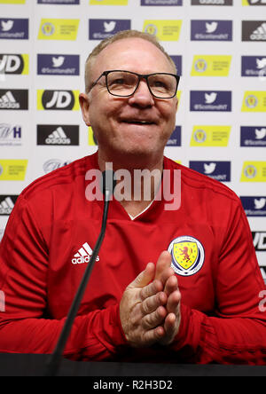 Schottland-Manager Alex McLeish während der Pressekonferenz im Hampden Park, Glasgow. DRÜCKEN SIE VERBANDSFOTO. Bilddatum: Montag, 19. November 2018. Siehe PA Story SOCCER Scotland. Bildnachweis sollte lauten: Jane Barlow/PA Wire. Stockfoto