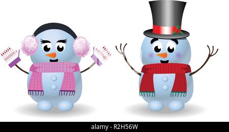 Cute Cartoon von snowgirl in rosa Ohrenschützer, Schal, Handschuhe und Schneemann Hut mit Hände oben auf weißem Hintergrund. Vector Illustration, Icons, c Stock Vektor