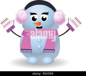 Cute cartoon snowgirl Charakter in rosa Ohrenschützer, Schal, Handschuhe mit Händen auf weißem Hintergrund. Vector Illustration, Vorlage, Symbol, CLI Stock Vektor