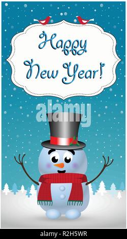Frohes neues Jahr Grußkarte von cute Cartoon lächelnd Schneemann Charakter in Zylinder, kniting Schal und Hände hoch stehend auf verschneite Winterlandschaft Szen Stock Vektor