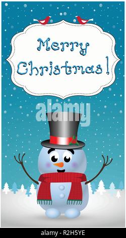 Frohe Weihnachten Grußkarte von cute Cartoon fröhlicher Schneemann Charakter in Hut, strickschal und Hände hoch stehend auf verschneite Winterlandschaft sce Stock Vektor