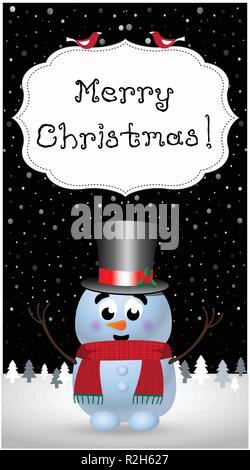 Frohe Weihnachten Grußkarte von cute Cartoon fröhlicher Schneemann Charakter in Hut, Strickschal Hände und stand auf verschneiten Winternacht landsca Stock Vektor