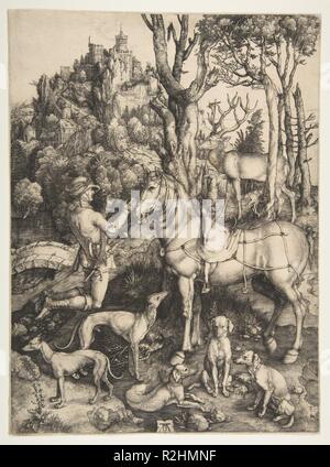 Saint Eustace. Künstler: Albrecht Dürer (Deutsch, Nürnberg 1471-1528 Nürnberg). Maße: Blatt: 13 3/4 x 10 1/4 in. (35 × 25,9 cm). Datum: Ca. 1501. Dürers größte Gravur zeigt den Moment der Umwandlung einer römischen General namens Placidus. Während die Jagd, Placidus sah ein Kruzifix auf wundersame Weise erscheinen zwischen einem Hirsch Geweih. Der Hirsch sprach in Christi Stimme und Placidus fiel von seinem Pferd und wurde Christ mit dem Namen Eustace getauft. Der Druck ist schon lange bewundert als Exemplar der außerordentlichen Dürers Virtuosität; die Tiere und die Funktionen der Landschaft diente als Modelle f Stockfoto