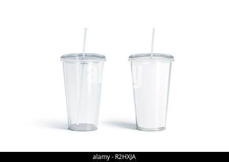 Leere weiße und transparente Acryl tumbler mit Stroh mockup Set, 3D-Rendering. Leere transparente und matt Kolben mock up, isoliert. Plexiglas trinken Becher mit der Vorlage. Stockfoto