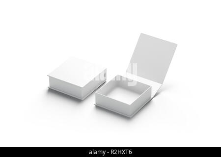 Leere weiße geöffnet und geschlossen Geschenkbox Mockup, isoliert, Seitenansicht, 3D-Rendering. Leere Überraschungspaket mock up. Klare quadratische Behälter für Kompliment. Zwei festliche Öffnen und Schließen. Stockfoto