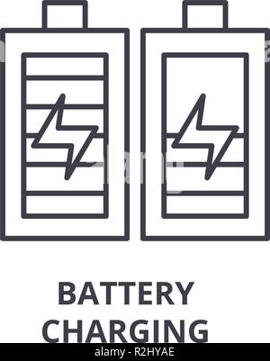 Aufladen der Batterie Symbol Leitung Konzept. Aufladen der Batterie Vector Linear Abbildung, Symbol, Zeichen Stock Vektor