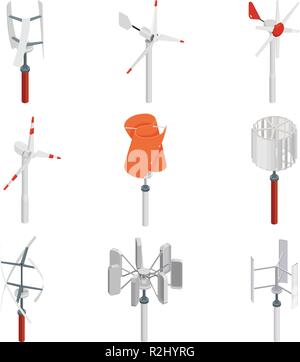 Sammlung von Windenergieanlagen. Isometrische saubere Energie gesetzt. Die Windkraft. Vektor Icon Set. Stock Vektor