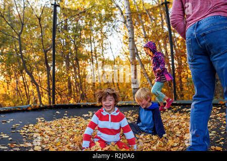 Drei Kinder und ihr Vater, und sie spielen auf einem Trampolin im Herbst die Blätter fallen, United States Stockfoto