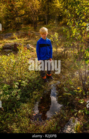 Junge im Wald an seine Reflexion in eine Pfütze von Wasser suchen, Lake Superior State Forest, Vereinigte Staaten Stockfoto