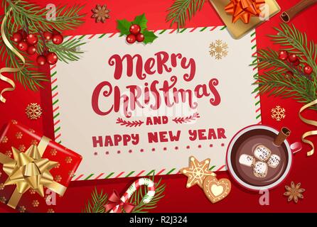 Frohe Weihnachten und ein glückliches Neues Jahr wünschen Buchstaben auf rotem Hintergrund mit traditionellen Weihnachtsschmuck - Geschenkbox mit Gold Bug, Zuckerstange, Niederlassung, Schneeflocken, Kakao und Eibisch. Vector Illustration Stock Vektor