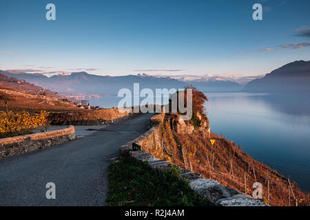 Sonnenuntergang auf der Terrasse des Lavaux, Schweiz, mit einem wunderschönen Blick auf den Genfer See, die Alpen und in der Ferne auf Montreux Stockfoto