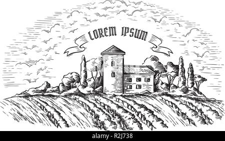 Weinstock Plantage Hügel, Bäume, Wolken, und dem alten Schloss am Horizont Vector Illustration Stock Vektor