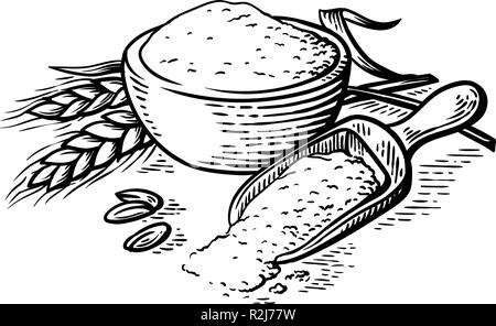 Frisches Mehl aus Holz Teller Schaufel auf weißem Hintergrund Vector Illustration Stock Vektor