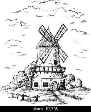 Dorf in der Nähe von einem Weizenfeld und eine Windmühle von Hand Vector Illustration gezeichnet Stock Vektor