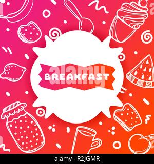 Bunte gradient Flyer für Cafe auf hell und glänzend Hintergrund mit Frühstück Angebot. Lineare doodle Abbildung: Essen. Weißer Aufkleber auf Multi-colo Stock Vektor