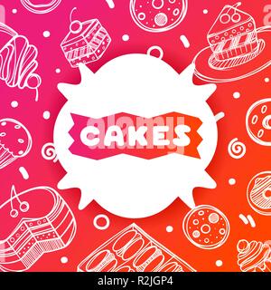 Bunte gradient Flyer für Cafe auf glänzenden Hintergrund mit Kuchen Zitat. Lineare doodle Abbildung: Essen. Weißer Aufkleber auf mehrfarbigen Farbverlauf. Stock Vektor