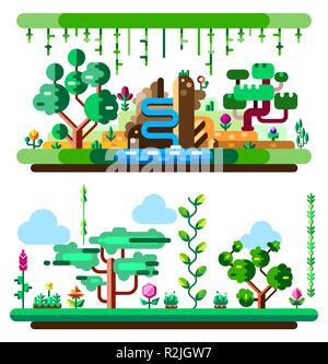 Afrikanischen tropischen Dschungel und Landschaft mit hellen Farben. Flache vector Abbildung. Elemente für Ihre mobile Game Stock Vektor