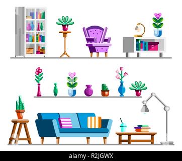Innere Einstellung detaillierter. Wohnzimmer clipart Bücherregale und Bücherregal, einem gemütlichen Sessel, Blumenstand, Lampe, Kaffeetisch, Sofa, Kaktus, Blumenvasen. Flache Vector Illustration. Stock Vektor