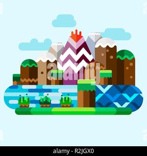 Unwirkliche Bergwelt. Tropische Insel mit Vulkan, Felsen und Fluss. Flache Darstellung. Stock Vektor