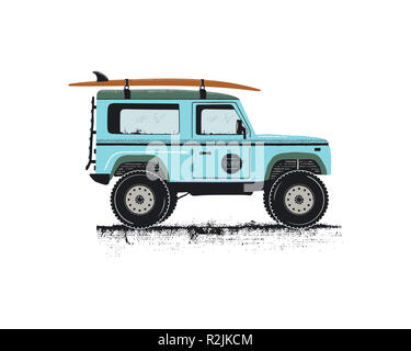 Jahrgang Hand gezeichnet surf Auto. Retro Transport mit Surfbrett. Im alten Stil sufing Automobil. Perfekt für T-Shirt, Tassen und otjer Outdoor Bekleidung, Kleidung wird gedruckt. Lager Stockfoto