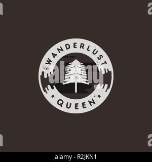 Jahrgang Hand gezeichneten Abenteuer themed retro Abzeichen. Wanderung Logo sind perfekt für T-Shirts, Tassen, Drucke, Branding Projekte, Bekleidung Design, Grußkarten. Wanderlust queen Zitat. Lieferbar insignia Stockfoto