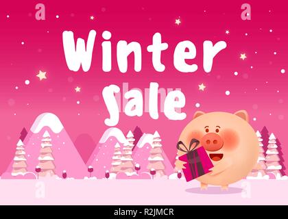 Niedliche Schweine in Weihnachten Kleidung mit Weihnachtsgeschenke Weihnachten Zusammensetzung mit Tannen und fallenden Schnee Stock Vektor