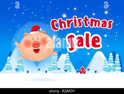 Nettes Schwein in Weihnachten Kleidung mit Weihnachtsgeschenke. Weihnachten Zusammensetzung mit Tannen und fallenden Schnee Stock Vektor