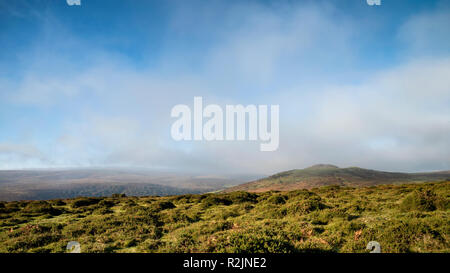 Schöne lansdcape Blick über Dartmoor während Misty herbstlichen Morgen Stockfoto