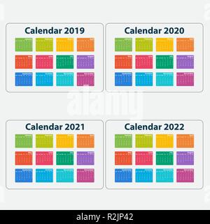 Kalender 2019, Kalender 2020, Kalender 2021 und 2022 Vorlage. Kalender Design. Kalender vektor design Briefpapier Vorlage. Vector Illustration. Stock Vektor