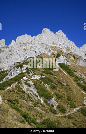 Österreich, Tirol, Wilder Kaiser, Blick nach Süden, Blick von der Baumgartenköpfl auf der Regalpwand und Repalpspitze, links Törlwand und Kleines Törl Stockfoto