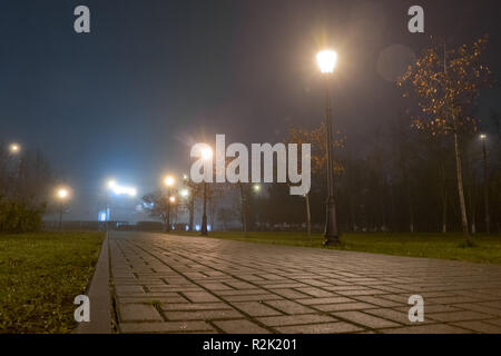 Wanderweg im Stadtpark, in der Nacht im Nebel mit Straßenbeleuchtung ausgestattet. Schöne nebligen Abend im Herbst Gasse mit brennenden Laternen. Stockfoto