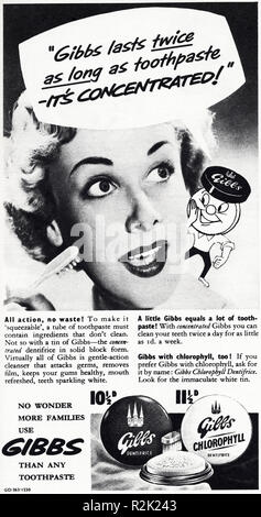 Original 50s Vintage alte drucken Werbung aus dem Englischen Magazin Werbung Gibbs Zahnpasta ca. 1954 Stockfoto