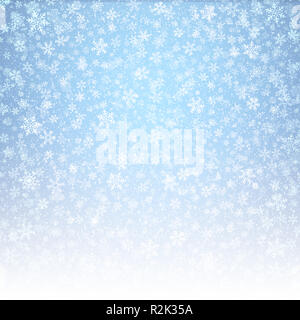 Weiße Schneeflocken Formen und fallenden Schnee auf einem vereisten blauen Hintergrund. Winter saison Material. Stockfoto