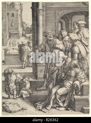 Der Dichter Vergil in einem Korb. Artist: Lucas van Leyden (Niederländischen, Leiden kann. 1494-1533 Leiden). Maße: Blatt: 9 5/8 x 7 7/16 in. (24,5 × 18,9 cm). Datum: 1525. Nach mittelalterlichen Legende, Virgil verliebte sich in die Tochter des römischen Kaisers. Eine Nacht, die Sie versprochen ihn in Ihr Schlafzimmer in einem Korb zu erhöhen, sondern ließ ihn baumelnd auf halbem Weg durch die Passanten am folgenden Tag zu spotten. Das Märchen des Dichters Vergil in einem Korb gehört zu einem beliebten fünfzehnten und sechzehnten Jahrhundert Thema, die Macht der Frauen. Lucas produziert zwei Serien von Holzschnitten und mehreren Stichen auf dieses Thema, illustratin Stockfoto