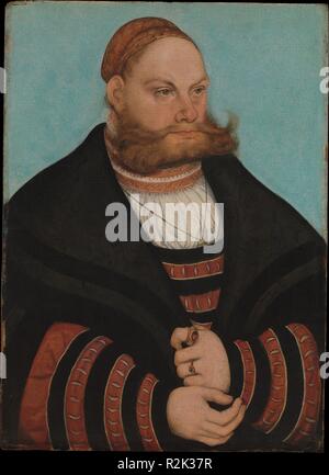 Lukas Spielhausen. Künstler: Lucas Cranach der Ältere (Deutsch, Kronach 1472-1553 Weimar). Abmessungen: 20 x 14 3/8 in. (50,8 x 36,5 cm). Datum: 1532. Die sitter, wer trägt die schwarz-gelb gestreiften Kleid von hochrangigen Mitgliedern der Wahlkommission Gerichtshof von Sachsen, von der initialen LS auf den siegelring wie Lukas Spielhausen, wer war von 1531 einen Anwalt in der staatlichen Gerichtsbarkeit Kurie unter Johann I., die Konstante identifiziert werden. Sein Alter von ca. dreißig - neun im Jahr 1532, dem Datum der Malerei, ist mit Erscheinen des Porträtierten kompatibel. Die lebendige Muster von Farben und Zusammenspiel von Kurven im Co Stockfoto