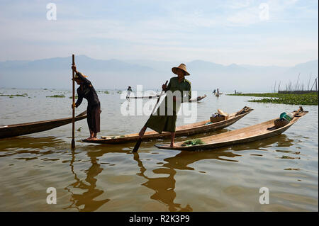 Fisher auf dem Inle-see, Myanmar, Asien, Stockfoto