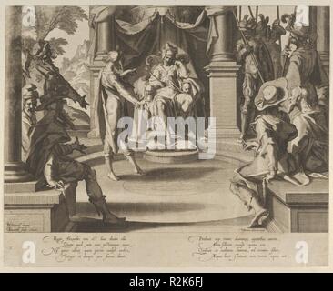 Alexander der Große als Richter, aus Thronus Justitiae, tredecim pulcherrimus tabulis..., Platte 10. Künstler: Willem van Swanenburg (Niederländischen, Ca. 1581/82-1612); nach Joachim Wtewael (Niederländischen, Utrecht Utrecht 1566-1638). Maße: Blatt: 11 11/16 x 15 1/4 in. (29,7 × 38,8 cm). Herausgeber: Christoffel van Sichem I (Niederländischen, 1546-1624). Serie/Portfolio: Thronus Justitiae, tredecim tabulis Pulcherrimus.... Datum: 1605-6. Dieser Druck ist aus einer Menge von 13 Platten, die Bilder der Gerechtigkeit', mit Szenen aus der Bibel, Geschichte und Legende. Die Drucke werden von Willem Swane ausgeführt Stockfoto