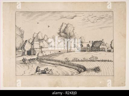 Land Häuser, Paar und Kornfeld im Vordergrund, aus der Serie der kleine Landschaften (Praediorum Villarum). Artist: Johannes van Doetecum der Ältere (Niederländischen, aktive 1554 - Ca. 1600, gestorben 1605); Lucas van Doetecum (Niederländischen, aktive 1554-72, starb vor 1589); Nach der Meister des Kleinen Landschaften (Niederländischen, 16. Jahrhundert). Abmessungen: 6 7/8 x 9 13/16 in. (17,5 x 25 cm). Ehemalige Attribution: Ehemals zugeschrieben, Pieter Bruegel der Ältere (Niederländischen, Breda (?) Ca. 1525-1569 Brüssel). Serie/Portfolio: Praediorum Villarum (kleine Landschaften). Datum: 1559-61. Museum: Met Stockfoto