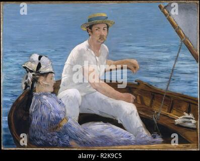 Bootfahren. Artist: Édouard Manet (Französisch, Paris 1832-1883 Paris). Abmessungen: 38 1/4 x 51 1/4 in. (97.2 x 130.2 cm). Datum: 1874. Manet summered in Gennevilliers 1874, oft Zeit mit Monet und Renoir auf der Seine bei Argenteuil, wobei <i> Bootfahren</i> gemalt wurde. Über die Annahme der leichteren Touch und Palette seiner jüngeren Kollegen, der Impressionisten Manet nutzt die weiten Ebenen der Farbe und starke Diagonalen der japanische Drucke unnachahmlichen Form zu dieser Szene Freizeitaktivitäten zu geben. Rodolphe Leenhoff, Bruder des Artist-in-law, ist gedacht für den Sailor gestellt zu haben, aber die Stockfoto