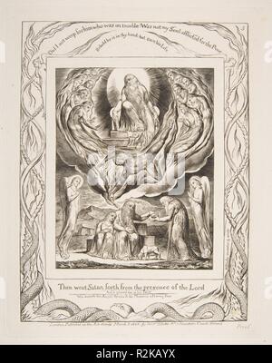 Satan geht weiter von der Gegenwart des Herrn, von Abbildungen des Buches Ijob. Künstler: William Blake (Briten, London 1757-1827 London). Abmessungen: Platte: 8 7/16 x 6 5/8 in. (21,4 x 16,8 cm) Blatt: 16 3/8 x 10 7/8 in. (41,6 x 27,6 cm). Herausgeber: von William Blake (Briten, London 1757-1827 London) Nr. 3 Fountain Court, Strand veröffentlicht. Datum: 1825-26. Museum: Metropolitan Museum of Art, New York, USA. Stockfoto