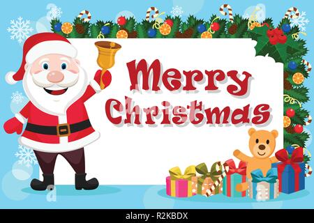 Santa Claus mit einer Glocke in der Hand steht neben einem weißen Blatt mit Weihnachtsbaum und Geschenke eingerichtet. Stock Vektor