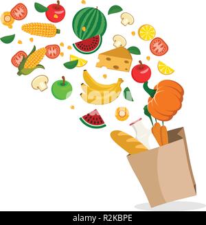 Fresh vegetables, fruits and healthy foods are flying in the package on a white. Stock Vektor